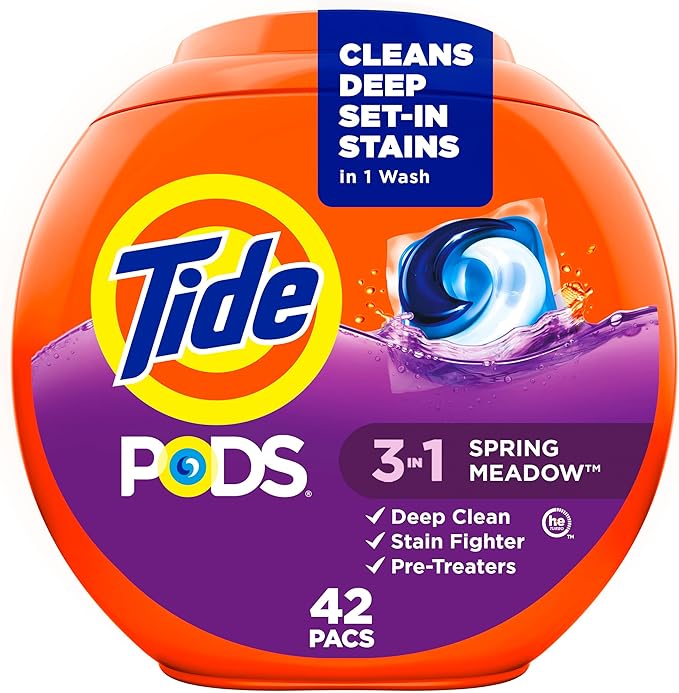 Tide PODS laundry detergent pacs, 3-in-1 Stain Remover, Odor Fighter, Color Protector, 42 Count, Spring Meadow Scent