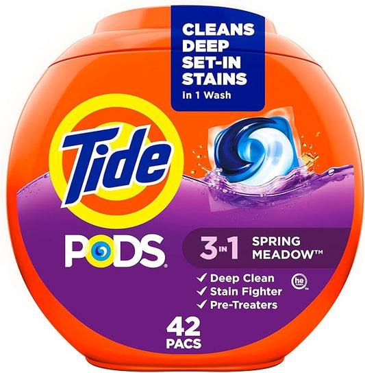 Tide PODS laundry detergent pacs, 3-in-1 Stain Remover, Odor Fighter, Color Protector, 42 Count, Spring Meadow Scent